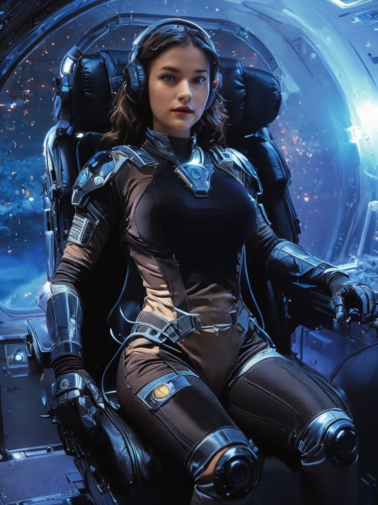 a sexy woman in a space suit sitting in a space station, gigantic breasts, beautiful woman in spacesuit, in a scifi movie, sci - fi pilot, scifi woman, sci-fi female, clothed in sci-fi military armor, on a spaceship, powerful woman sitting in space, fully space suited, in a spaceship, in spacesuit, sci - fi suit, futuristic starship crew member