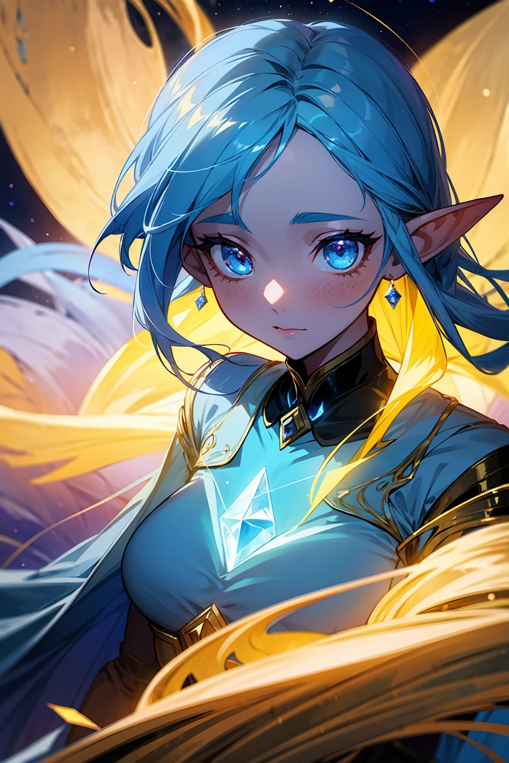 can you create in the same style dnd woman character ethereal, fantasy-themed portrait of a female elf with flowing, vibrant blue hair that glows with a soft luminescence. Her eyes are strikingly golden and have a mystical, otherworldly glow. She has a diamond-shaped blue gem embedded in the center of her forehead, adding to her magical appearance. Her skin is smooth and slightly luminescent, with shimmering blue freckles accentuating her cheeks. Her pointed ears are adorned with a slight, elegant curve, typical of elven features.

Her attire is a sleek, black and gold outfit with a high collar and intricate, shiny patterns, giving her a regal and powerful aura. The background should have a dark, starry night sky with swirling blue and gold cosmic elements, enhancing the mystical and celestial atmosphere. The overall mood of the portrait should be mysterious, enchanting, and otherworldly.