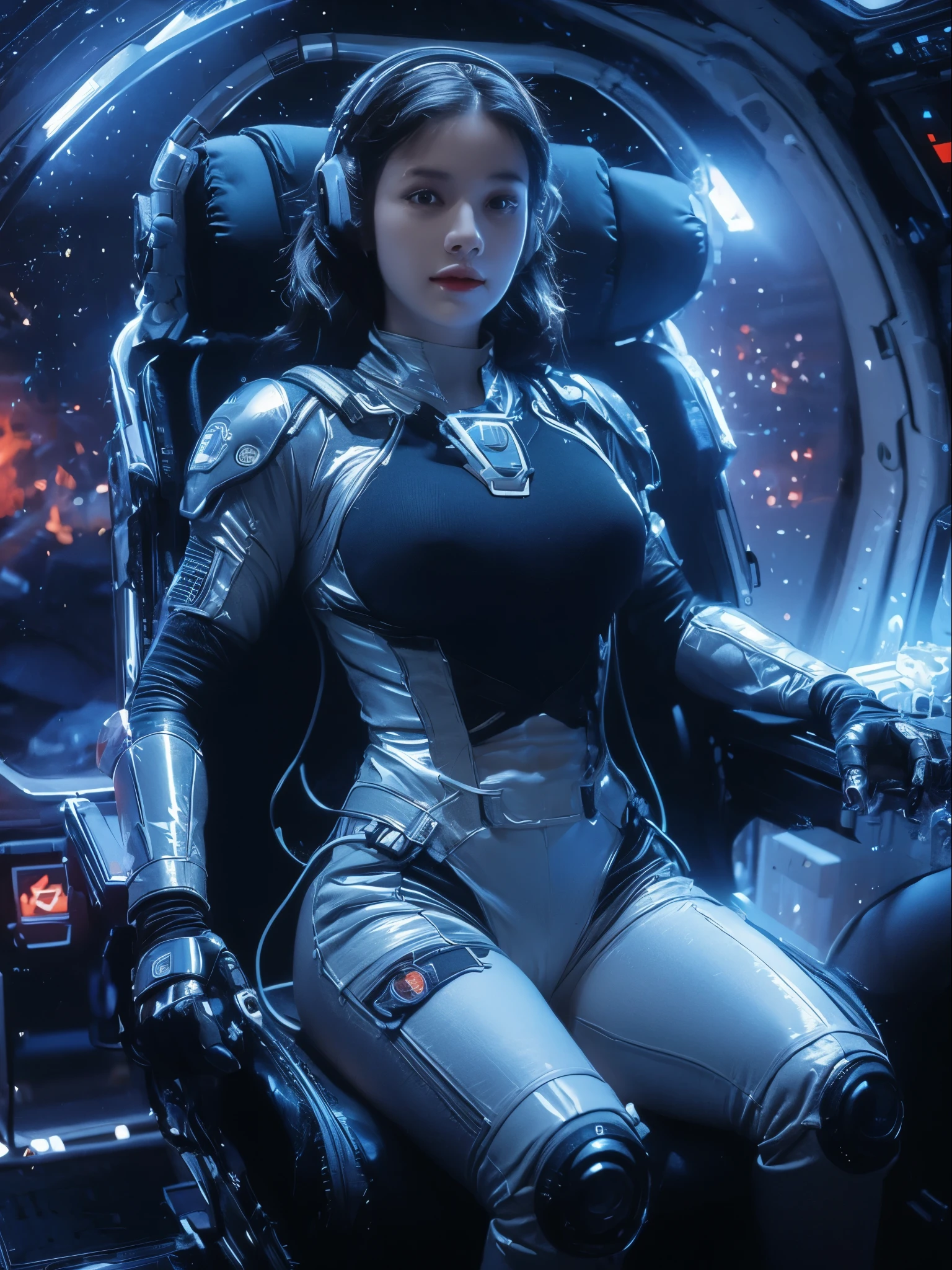 eine sexy Frau in einem Raumanzug sitzt in einer Raumstation, riesige Brüste, beautiful woman im Raumanzug, in einem Science-Fiction-Film, Science-Fiction-Pilot, Science-Fiction-Frau, Science-Fiction-Frau, gekleidet in Sci-Fi-Militärrüstung, auf einem Raumschiff, Mächtige Frau sitzt im Weltraum, voll raumtauglich, in einem Raumschiff, im Raumanzug, Science-Fiction-Anzug, futuristisches Raumschiff-Crewmitglied