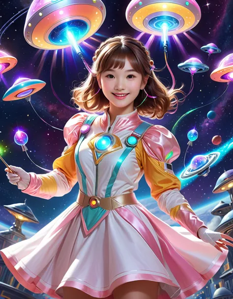 dynamic angle, (close up face), smile, ufo magical girl paints a futuristic world where science and magic intertwine. the girl, ...