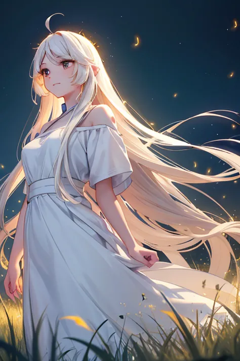 a young woman wich long, flowing hair  in a long, flowing white dress, standing in a field of tall grass with fireflies surround...