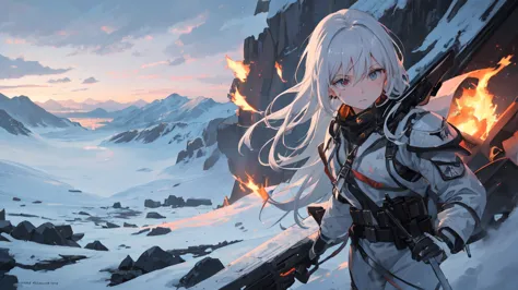 masterpiece:1.2), best quality , 独奏 ,pixiv, anime girl ，long straight white hair , black eyes ,wearing off-white camouflage unif...