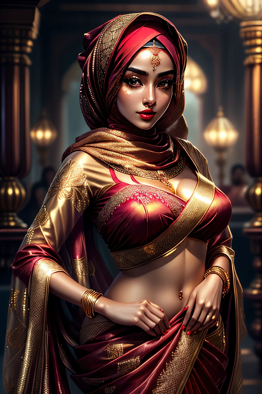 (masterpiece), (ultra high resolution), (extremely intricate), (exquisitely detailed), (F1.4, 1/800s, ISO 100, photorealistic),1girl, (beautiful gorgeous arabic woman),  looking_at_camera,alluring queen,stepmom,
,bright pink hair in updo braid,huge breasts,highly detailed  face, detailed face, perfect proportions, well-proportioned body of six heads, huge breasts, thin waist, navel, big butt , crotch gap, large thighs, 

(wearing (Organza  silver saree,dark red colored hijab with golden embroidery:1.2),(Shine In A Sequins design Blouse1.2)), 


(long eyelashes,double eyelids),(red eyeshadow,silver eyeliner,golden masacara),

Full lips,bright red lipstick,golden glitter,
Romantic  makeup, 
standing,pin up style