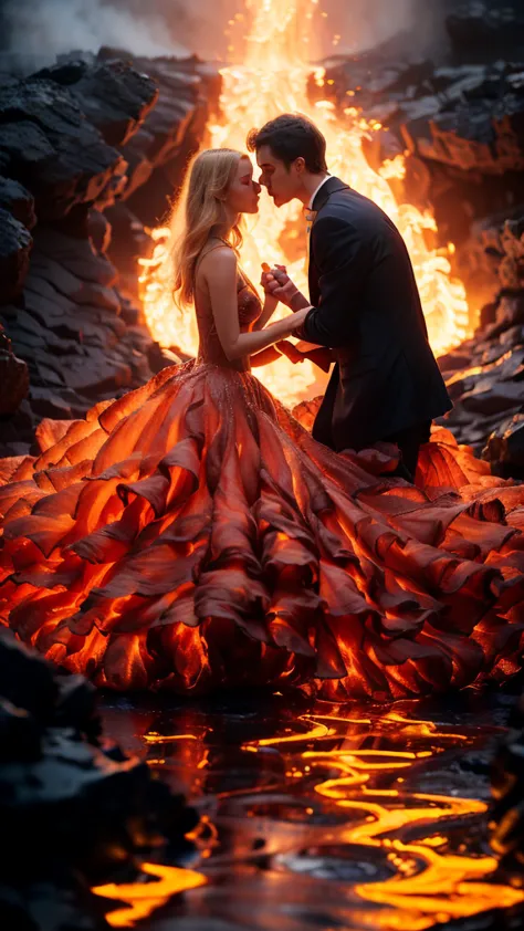 masterpiece, best quality, detailed, high resolution, (flame/hot焰/flame，dynamic scenes:1.3)，romantic couple kissing in fire，fire...