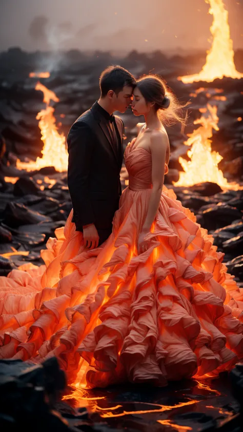 masterpiece, Best quality, detailed, high resolution, (flame/hot焰/flame，Dynamic Scenes:1.3)，Romantic couple kissing in fire，Fire...