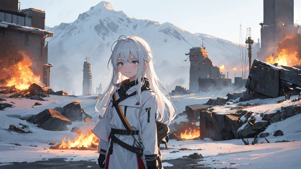 masterpiece:1.2), best quality , 独奏 ,pixiv, anime girl ，long straight white hair , black eyes ,Wearing off-white camouflage uniform ,ten years old，modern battlefield，(Eyes looking into the distance:1.3)，(look away:1.5)，snowy weather，dirty face，The background is a sea of fire with blood on the forehead，dirty face，Backlight，Bare rocky peaks ,Fierce flames are burning，The expression is sad，girl crying，bullets flying，leave tears