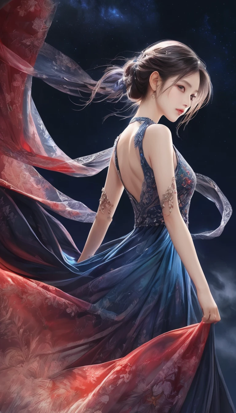 Realistic photos, RAW Photos, Ultra-high precision, Sharpness, Realistic photosのぼけを表現する, Detailed face, 
break A woman wearing the night sky, Transparent midnight color, Fantastic iridescent colors, 
break Like a night dress, Long length that spreads to the floor, Open Back, attractive back, 
break A perfect fusion of dress and night sky, Seamless blending, 
break: Attractive adult, Noble and honorable, beautiful, Deluxe, luxury, 
break (The suppleness of silk, Silk luster, Silk texture), Dark blue and dark red marble colors, Transparent full color, 
break Detailed and realistic skin texture, Fine and exquisite texture, Detailed and exquisite brushwork, Detailed and vivid depiction, Anatomically correct, Absurd beautifuls, 
break (Wrap a scarf around your back:1.3), Lace Stall, Transparent galaxy texture, Deluxe, luxury, Delicate pattern, beautiful, 
break A dark night sky background that makes the subject stand out, 
break Dramatic Cinematic Lighting, 
break A powerful and bold composition, 
Transparent full color, 
ダイナミックなワイドFull Body Shot, (Full Body Shot:1.5), Ankles inside the frame, 
break Re-drawing into a clear and vivid work, Highest qualityのレンダリング, Highest quality, Highest Resolution, 
Transparent full color, Ultra-realistic, 