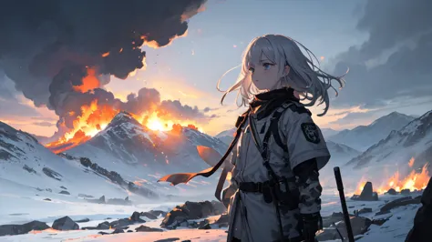 masterpiece:1.2), best quality , 独奏 ,pixiv, anime girl ，long straight white hair , black eyes ,wearing off-white camouflage unif...