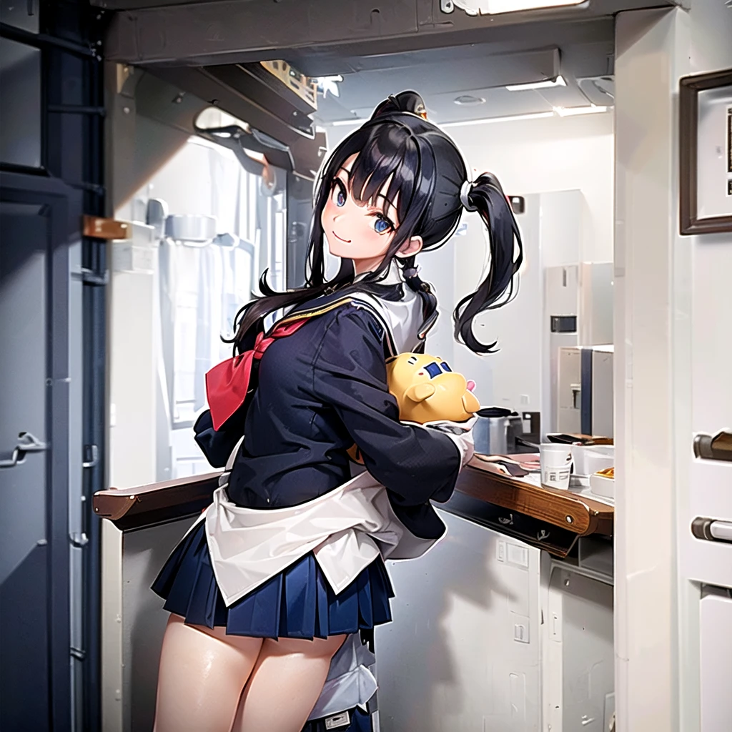 (best quality, masterpiece, high-resolution, detail),
a girl, 15yo,
low pigtails, (low twin tails:1.2), black hair,
navy blue , sailor uniform,
front,
gentle smile,
((high school), school building on the back), 