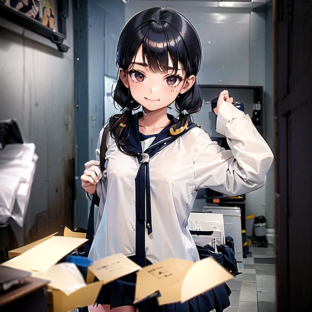 (best quality, masterpiece, high-resolution, detail),
a girl, 15yo,
low pigtails, (low twin tails:1.2), black hair,
navy blue , sailor uniform,
front,
gentle smile,
((high school), school building on the back), 