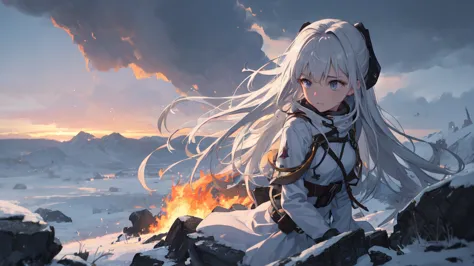 masterpiece:1.2), best quality , 独奏 ,pixiv, anime girl ，long straight white hair , black eyes ,wearing off-white camouflage unif...