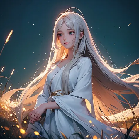 a young woman wich long, flowing hair  in a long, flowing white dress, standing in a field of tall grass with fireflies surround...