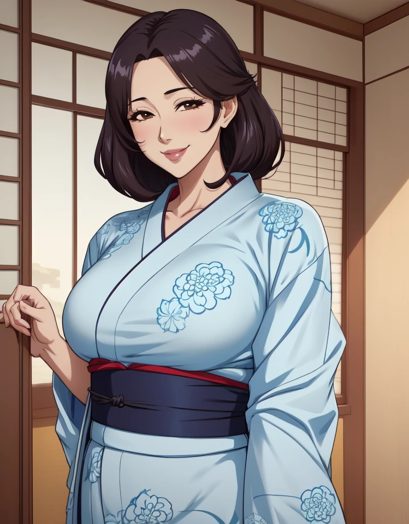 1 Mädchen, japanische kleidung, Yukata,  Oberkörper, (reife Frau:1.5),Verführerisches Lächeln, Ara Ara Meisterwerk, beste Qualität, komplizierte Details,  Anime-Screencap, Flache Farbe,