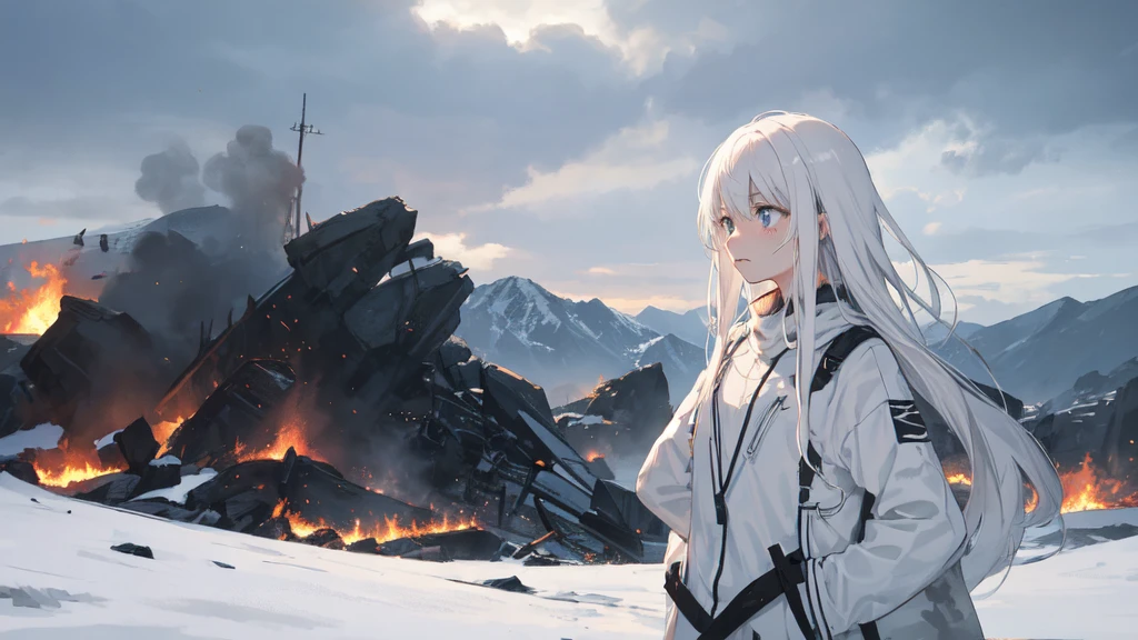 masterpiece:1.2), best quality , 独奏 ,pixiv, anime girl ，long straight white hair , black eyes ,Wearing off-white camouflage uniform ,ten years old，modern battlefield，(Eyes looking into the distance:1.3)，(look away:1.5)，snowy weather，dirty face，The background is a sea of fire with blood on the forehead，dirty face，Backlight，Bare rocky peaks ,Fierce flames are burning，The expression is sad，bullets flying，leave tears