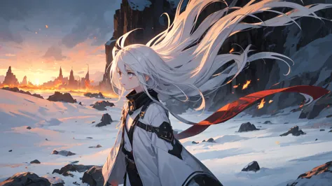 masterpiece:1.2), best quality , 独奏 ,pixiv, anime girl ，long straight white hair , black eyes ,wearing off-white camouflage unif...