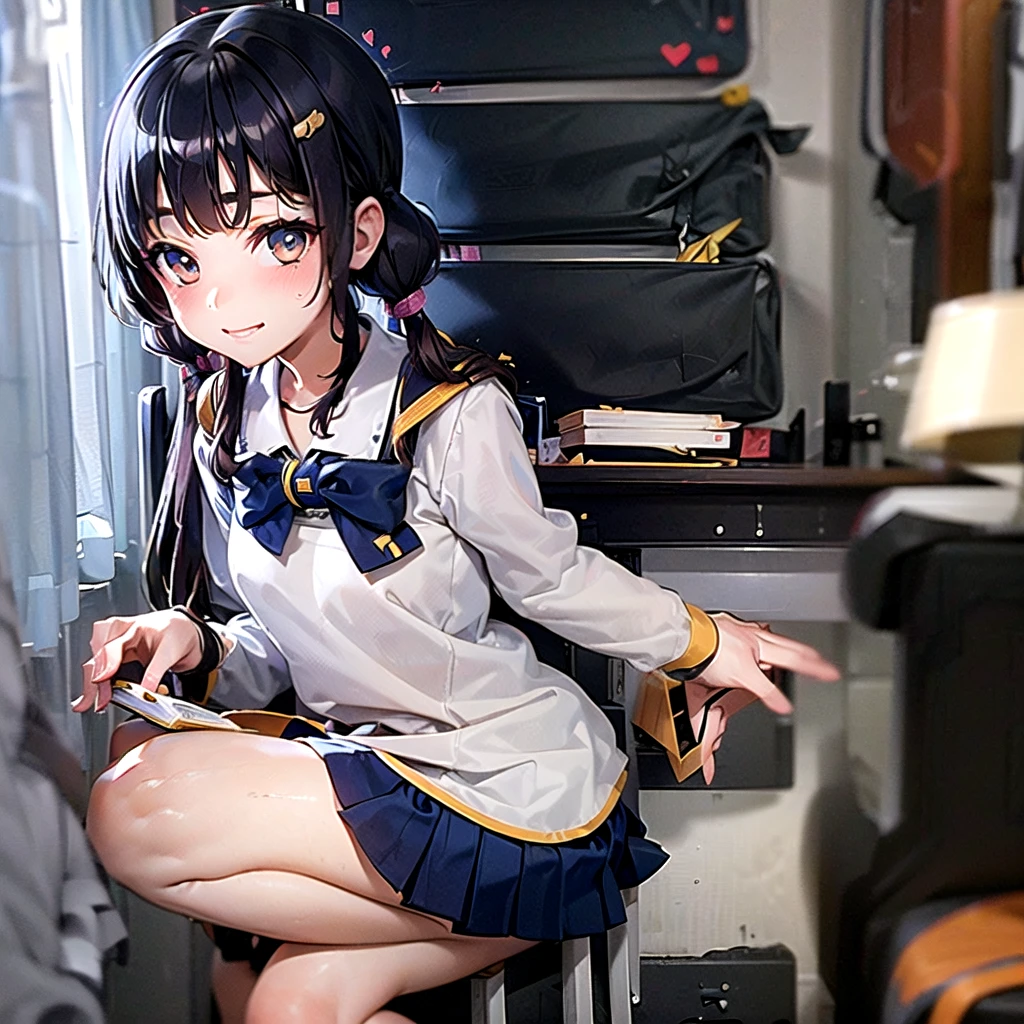 (best quality, masterpiece, high-resolution, detail),
a girl, 15yo,
sitting, kyoshitu, school chair, school desk,
low pigtails, (low twin tails:1.2), black hair,
navy blue , sailor uniform,
front,
gentle smile,