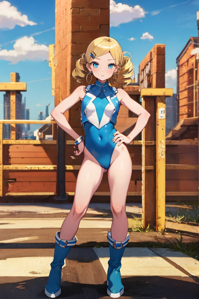 (full body),ppgzbb, blue eyes, Blonde, Twin Drill, Hair Clip, Earrings, Best, Blue leotard, sticks to the skin，boots, upright，Place hands on hips，