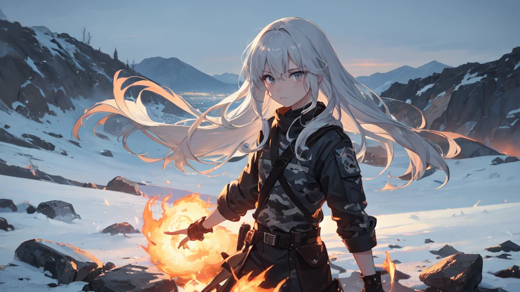 masterpiece:1.2), best quality , 独奏 ,pixiv, anime girl ，long straight white hair , black eyes ,Wearing off-white camouflage uniform ,ten years old，modern battlefield，(Eyes looking into the distance:1.3)，(look away:1.5)，snowy weather，dirty face，The background is a sea of fire with blood on the forehead，dirty face，Backlight，Bare rocky peaks ,Fierce flames are burning，The expression is sad，bullets flying，leave tears