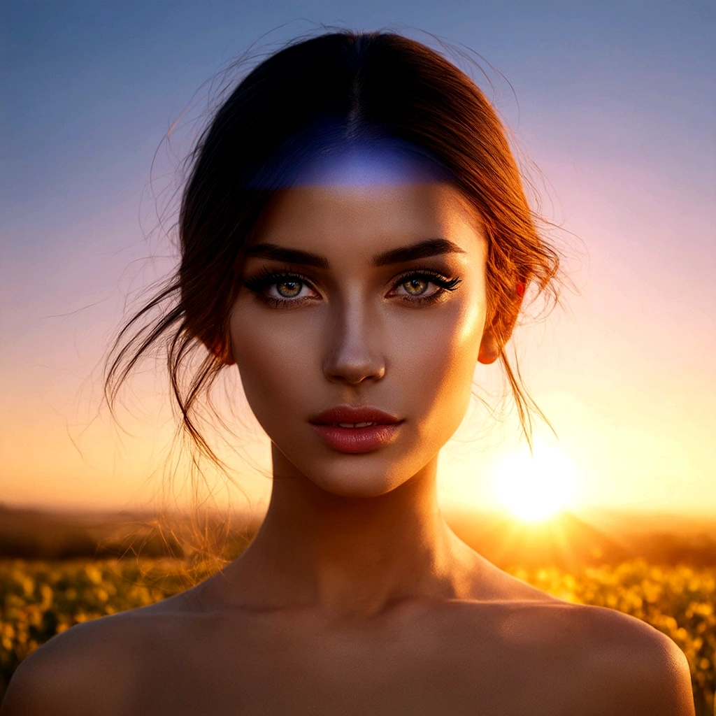 a double exposure of a beautiful young woman's face superimposed over a vibrant sunrise landscape, dramatic lighting, cinematic color palette, serene and ethereal atmosphere, extremely detailed facial features, porcelain skin, flawless complexion, piercing eyes, full lips, lush eyelashes, elegant hairstyle, intricate patterns and textures, dynamic composition, dramatic shadows and highlights, 4k, ultra-detailed, photorealistic, award winning digital art