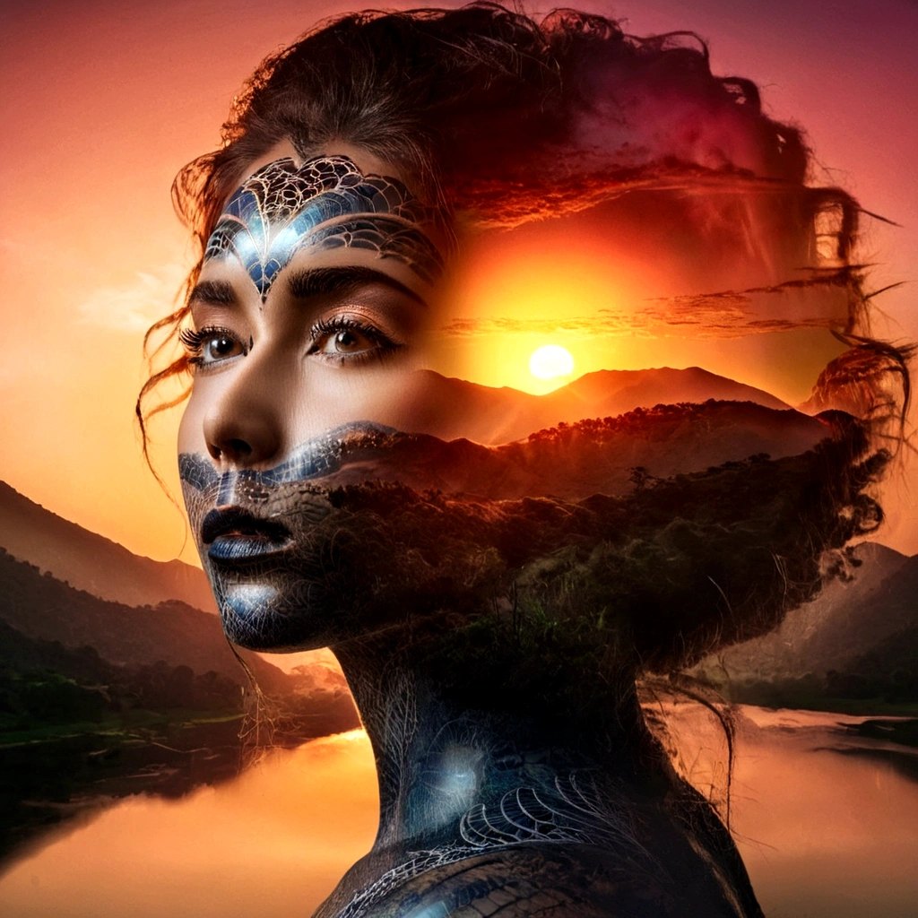 a double exposure of a beautiful young woman's face superimposed over a vibrant sunrise landscape, dramatic lighting, cinematic color palette, serene and ethereal atmosphere, extremely detailed facial features, porcelain skin, flawless complexion, piercing eyes, full lips, lush eyelashes, elegant hairstyle, intricate patterns and textures, dynamic composition, dramatic shadows and highlights, 4k, ultra-detailed, photorealistic, award winning digital art