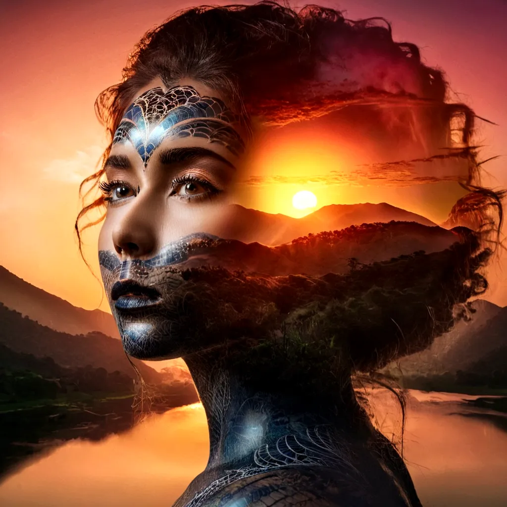 a double exposure of a beautiful young woman's face superimposed over a vibrant sunrise landscape, dramatic lighting, cinematic ...