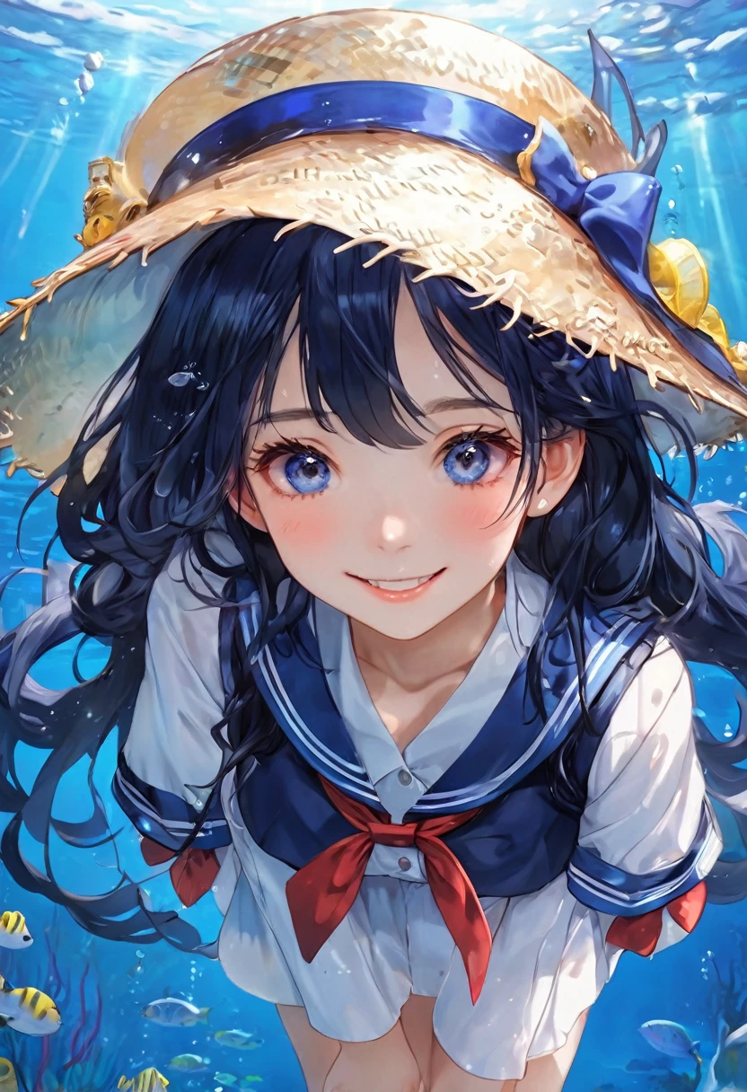 ,((Highest quality))),8K,((masterpiece)),(Very sophisticated and beautiful), navy hair girl,Very beautiful sea,She sways gracefully in her uniform.,Princess of the Underwater Kingdom,16-year-old girl,Powerful Rin々A girl with a cute appearance,A beauty that will make you stare.,Smiling and wearing a straw hat,cute,smile,