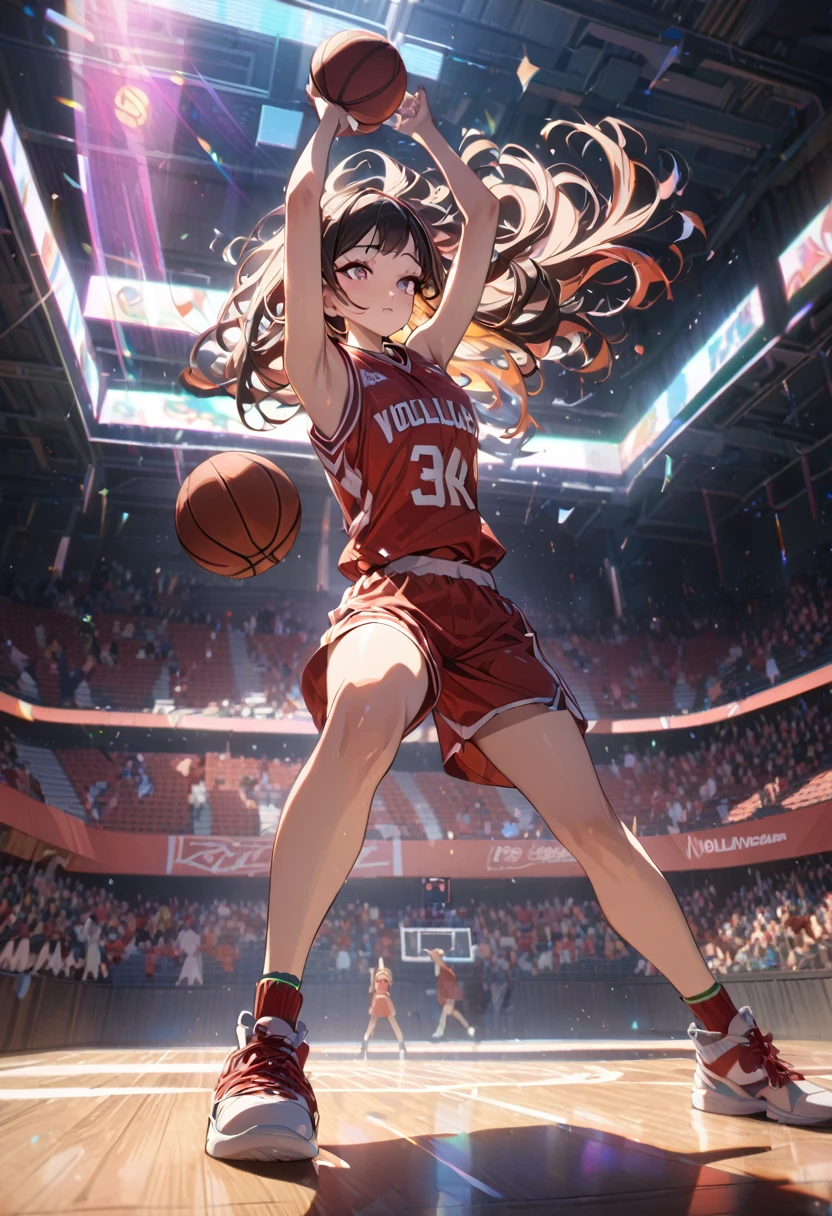 (Mastepiece, best quality, absurdres), 1girl, solo, Nezuko, holding a basketball in hand, wearing a basketball jersey, basketball court, 8k intricate illustration, dynamic pose, cinematic lighting, volumetric lighting, vibrant colors, ray tracing, intricate details, 