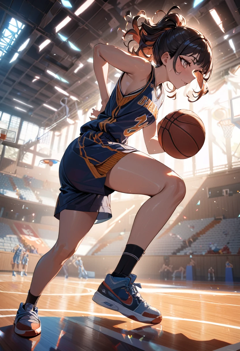 (Mastepiece, best quality, absurdres), 1girl, solo, Nezuko, holding a basketball in hand, wearing a basketball jersey, basketball court, 8k intricate illustration, dynamic pose, cinematic lighting, volumetric lighting, vibrant colors, ray tracing, intricate details, 