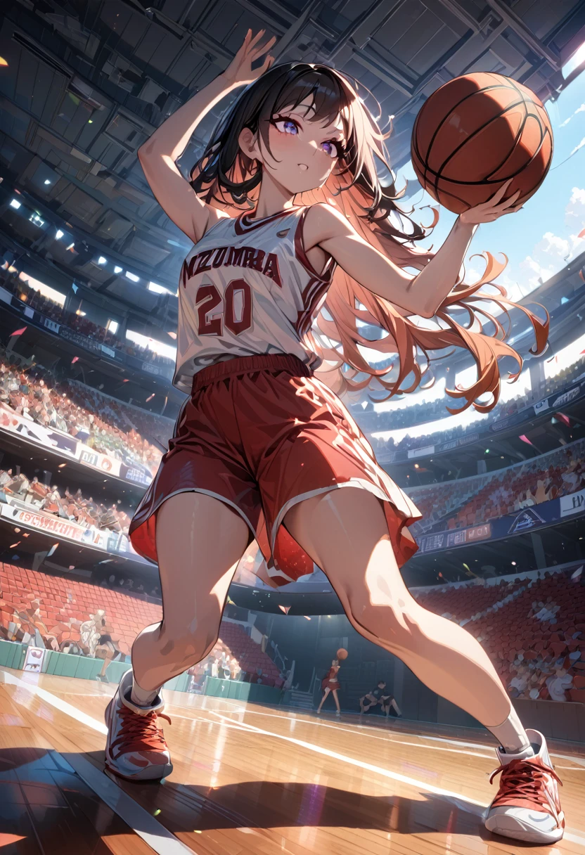 (Mastepiece, best quality, absurdres), 1girl, solo, Nezuko, holding a basketball in hand, wearing a basketball jersey, basketball court, 8k intricate illustration, dynamic pose, cinematic lighting, volumetric lighting, vibrant colors, ray tracing, intricate details, 