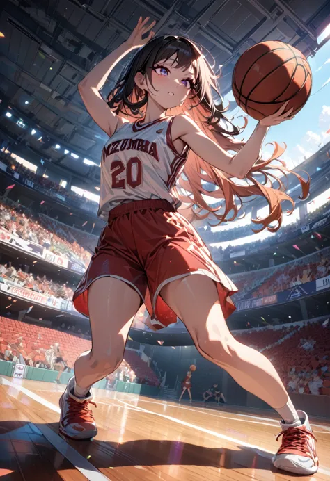 (Mastepiece, best quality, absurdres), 1girl, solo, Nezuko, holding a basketball in hand, wearing a basketball jersey, basketbal...