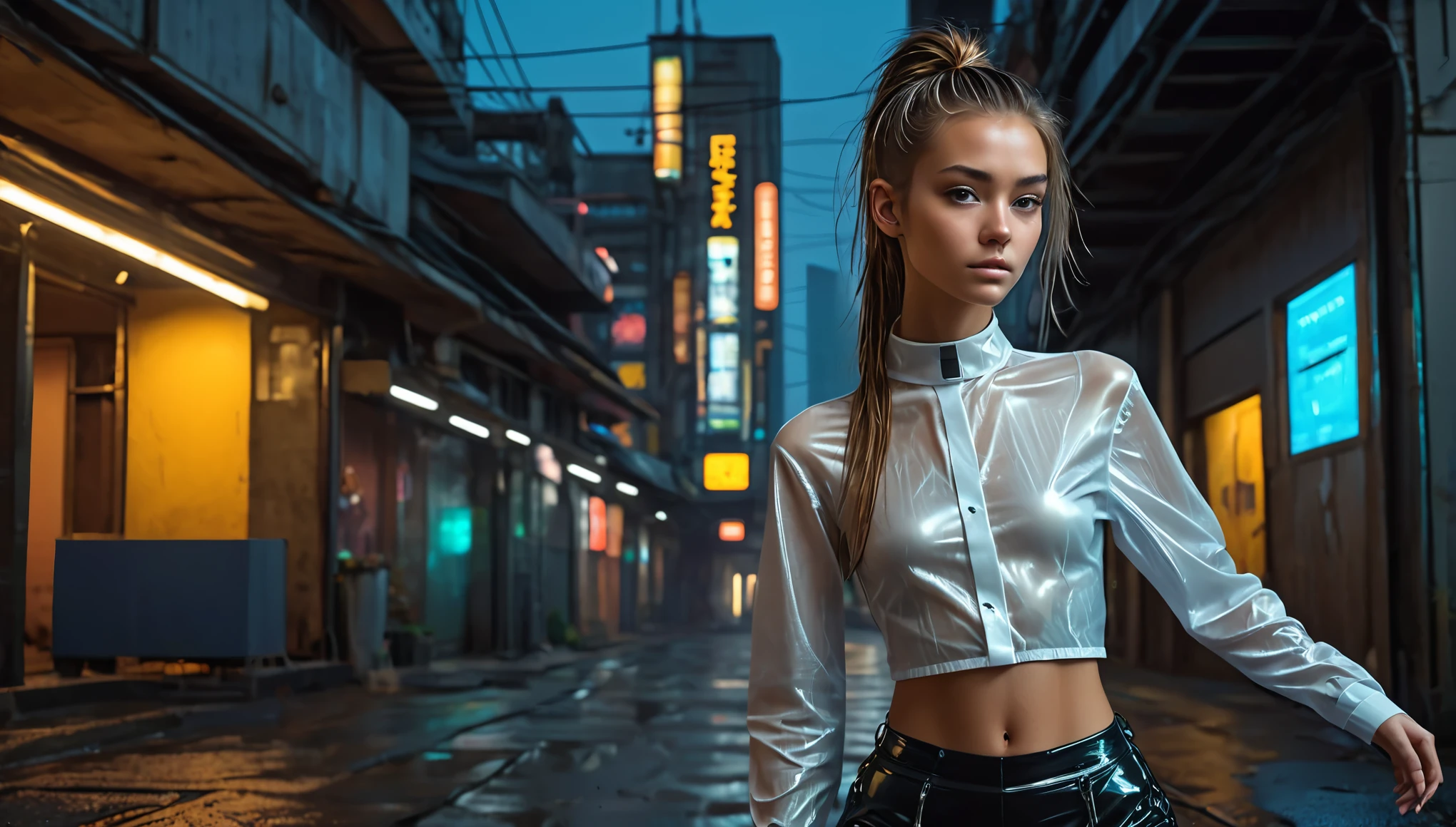 Top Quality, Masterpiece, High Resolution, 8k, (((cute skinny barely legal girl in oversized crinkle shirt and wetlook leggings, bare belly, wide neckline, deep neckline, small perky breasts, beautiful detailed eyes, beautiful detailed lips, small closed mouth, extremely detailed face, long ponytail hair, small hips))), cyberpunk apartment, moody atmosphere, dramatic and random neon colors, futuristic setting, intricate details, at night, backlit, full body shot, view from distance 