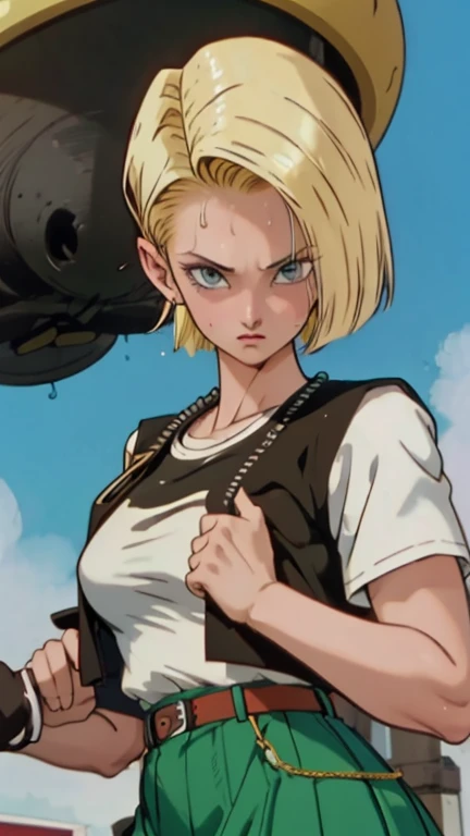 Android 18 lifting a car over her head, she's wearing her classic blue skirt and black jacket with long striped sleeves. She is soaked with sweat. (sweat soaked) her chest strains the fabric of her white t-shirt and medium sized, sweaty breasts are partially visible through her soaked t-shirt. (blonde hair) (highly detailed skin) (UHD) (sexy, feminine, sweat) (high quality) (dynamic pose)