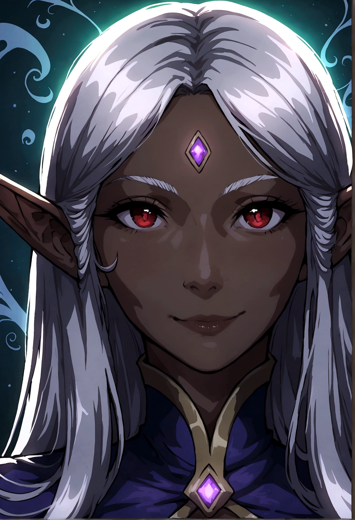 (SFW) elf, dark skin, white hair, mage, portrait, (good composition:1.5), (lighting composition:1.5), (volume emphasis:1.5), close-up, detailed face, expressive red eyes, intricate facial features, magical fashion, bright white hair, color theory, semi realistic, glowing light effects, mystical aura, (best quality), (colorful), (detailed), dramatic lighting, unique perspective, soft smile, fantastical, looking at viewer, medium mouth, silver accessories, very aesthetic, (masterpiece:1.4), comic book angle and perspective, color value correction.