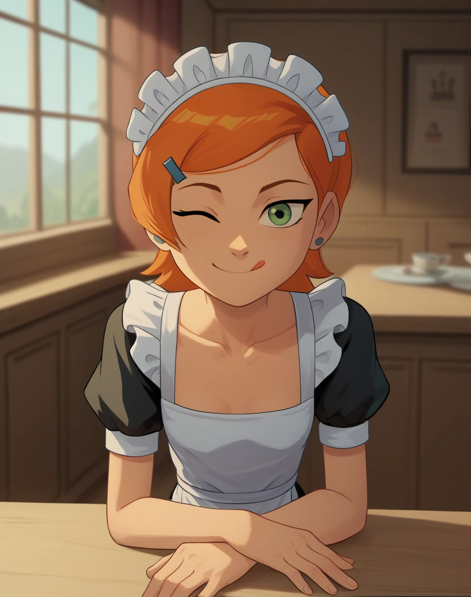 Gwendolyn_Tennyson, 1girl,solo,maid, side smile, collarbone ,maid headdress,looking at viewer,apron,indoors,depth of field, sitting on table, legs, stockings, big boobs
wink, one eye closed, playful smile, tongue out,, masterpiece, best quality, absurdres, highres, 4k, ray tracing, intricate details, highly detailed, (1girl:perfect face, cute, small breasts, long ginger hair, petite) Highqlb:perfect mouth, makeup screenshot, perfect jaw, good fortune hinge