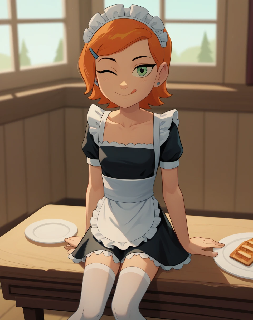 Gwendolyn_Tennyson, 1girl,solo,maid, side smile, collarbone ,maid headdress,looking at viewer,apron,indoors,depth of field, sitting on table, legs, stockings, big 
wink, one eye closed, playful smile, tongue out,, masterpiece, best quality, absurdres, highres, 4k, ray tracing, intricate details, highly detailed, (1girl:perfect face, cute, small breasts, long ginger hair, petite) Highqlb:perfect mouth, makeup screenshot, perfect jaw, good fortune hinge