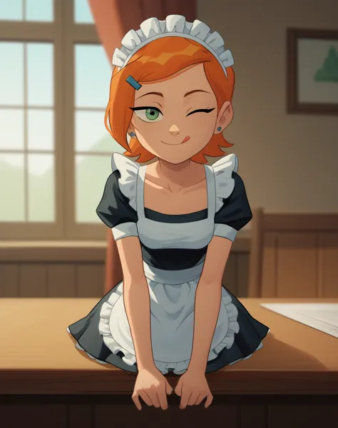Gwendolyn_Tennyson, 1girl,solo,maid, side smile, collarbone ,maid headdress,looking at viewer,apron,indoors,depth of field, sitt...