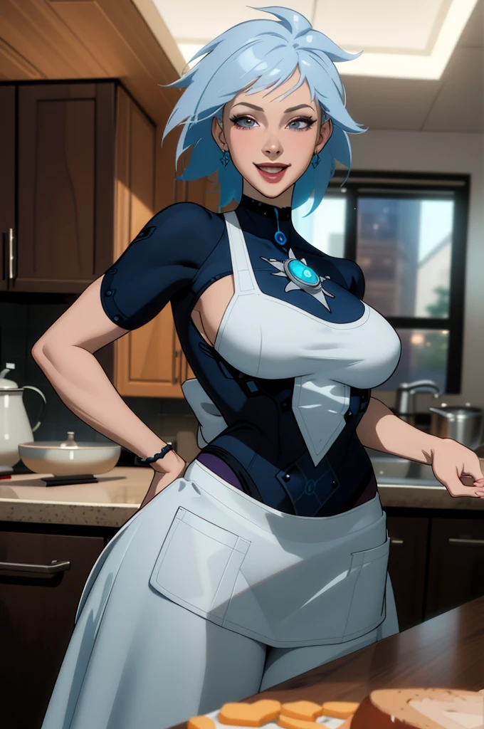 (extremely detailed CG unity 4k wallpaper),(masterpiece),(best quality),(ultra-detailed),(best illustration),(best shadow),(absurdres),(detailed background) Killer frost, smiling, kitchen, cooking, apron,