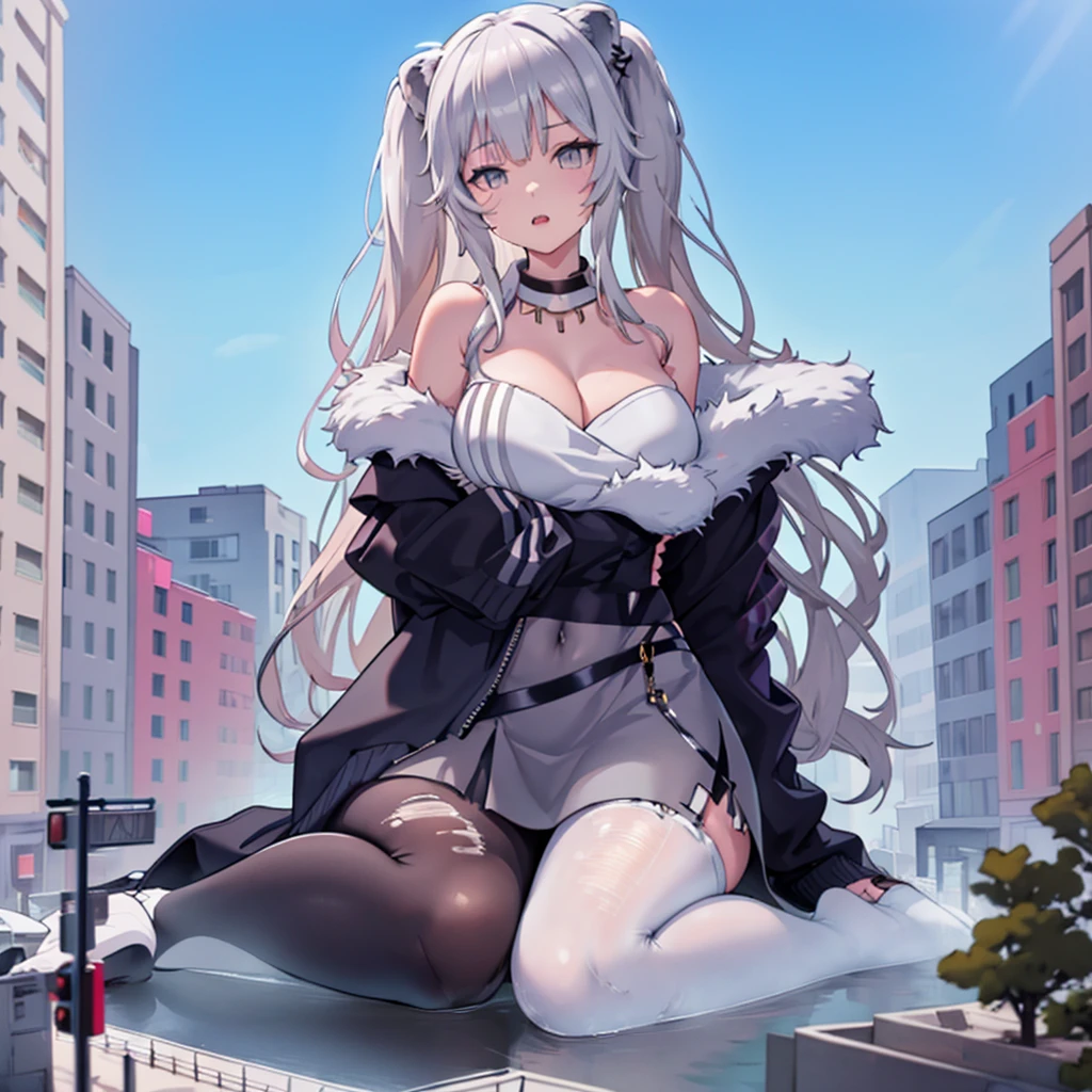 (giantess:1.5),1girl,sitting on building, ////////////// ,building,crowd, goth girl, jacket, yellow eyes, grey hair,Shishiro Boatn,outfit 1,lion girl,solo 1girl,GtsGiga, Rampage, giantess art