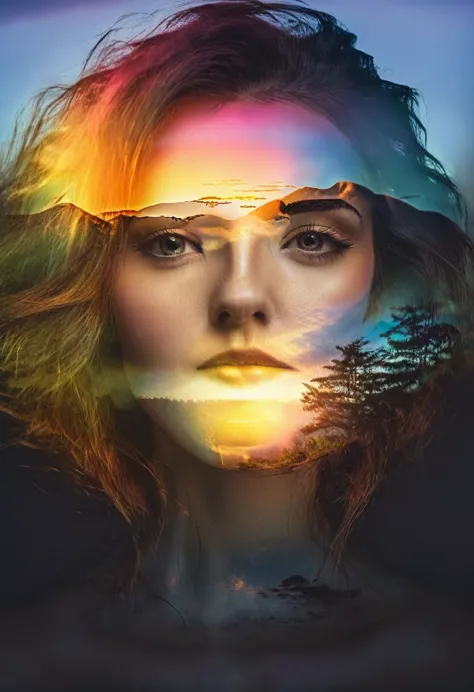 Double Exposure style of a beautiful young woman's face superimposed over a vibrant sunrise landscape, dramatic lighting, cinema...