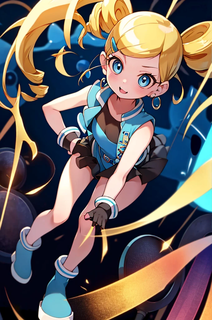 (full body),ppgzbb, blue eyes, Blonde, Twin Drill, Hair Clip, Earrings, Best, Blue leotard, sticks to the skin，boots, upright，Place hands on hips，