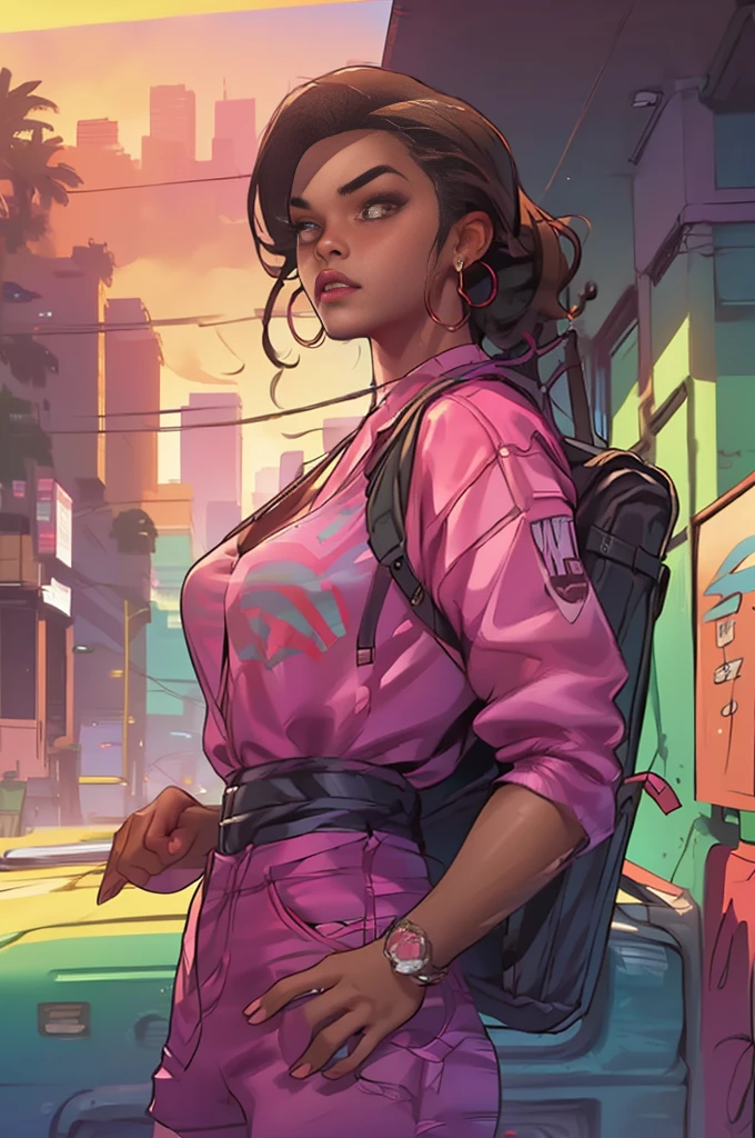 a beautiful young woman in a grand city, detailed face, detailed clothing, detailed architecture, detailed cityscape, (best quality,4k,8k,highres,masterpiece:1.2),ultra-detailed,(realistic,photorealistic,photo-realistic:1.37),cinematic lighting,dramatic colors,vibrant,stunning,gta inspired,los angeles city backdrop,hyper detailed,8k resolution