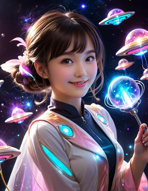 dynamic angle, (close up face), smile, ufo magical girl paints a futuristic world where science and magic intertwine. the girl, ...