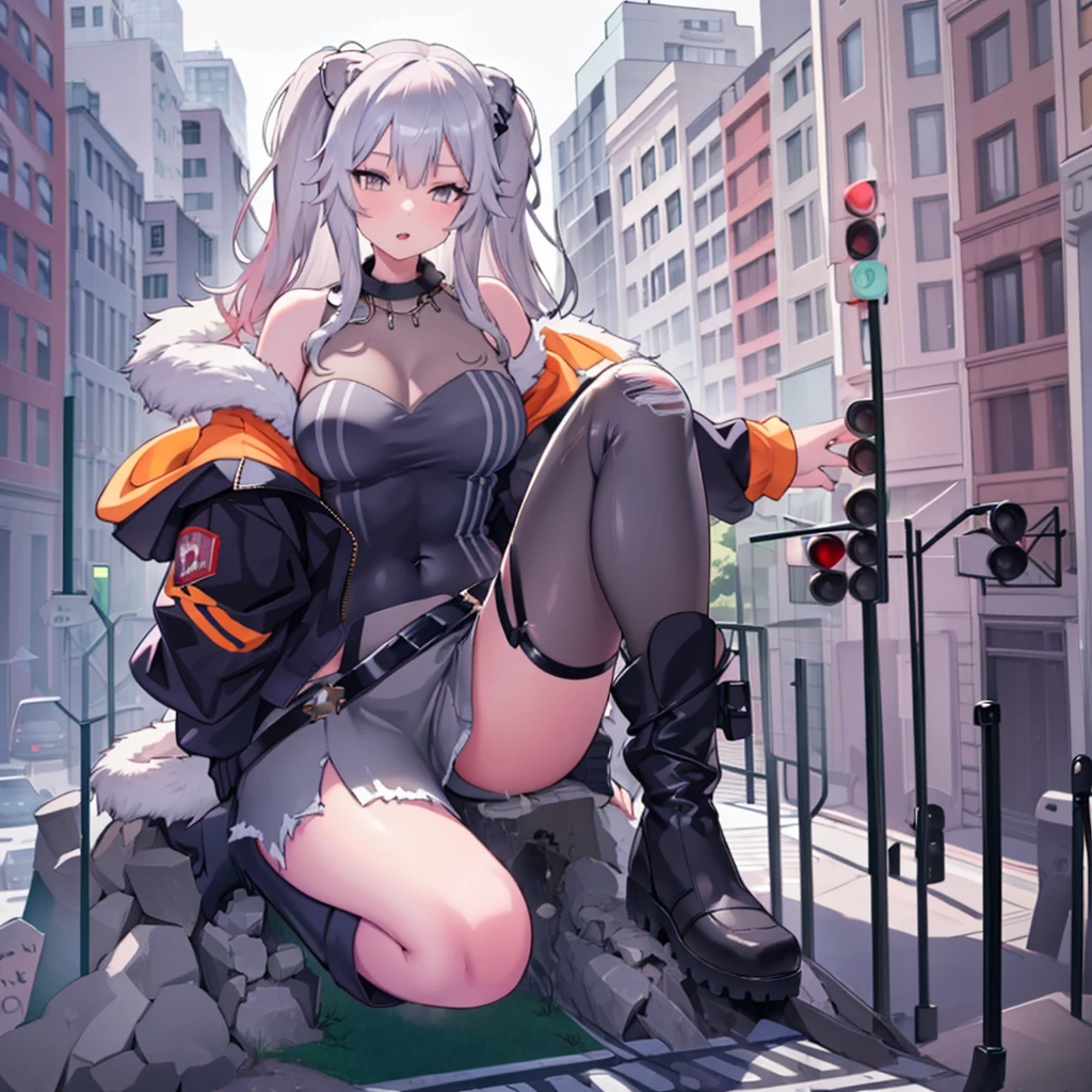 (giantess:1.5),1girl,sitting on building, ////////////// ,building,crowd, goth girl, jacket, yellow eyes, grey hair,Shishiro Boatn,outfit 1,lion girl,solo 1girl,GtsGiga, Rampage, giantess art,leg high boots