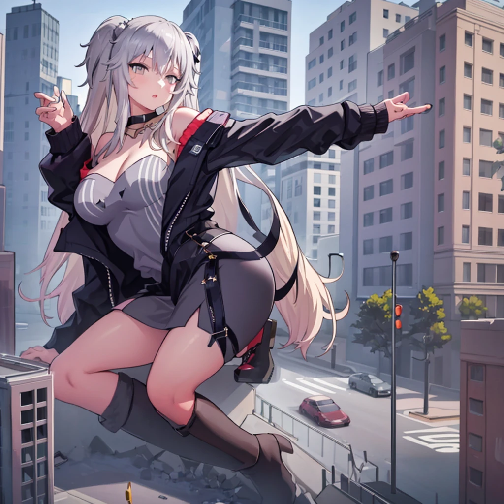 (giantess:1.5),1girl,sitting on building, ////////////// ,building,crowd, goth girl, jacket, yellow eyes, grey hair,Shishiro Boatn,outfit 1,lion girl,solo 1girl,GtsGiga, Rampage, giantess art,leg high boots