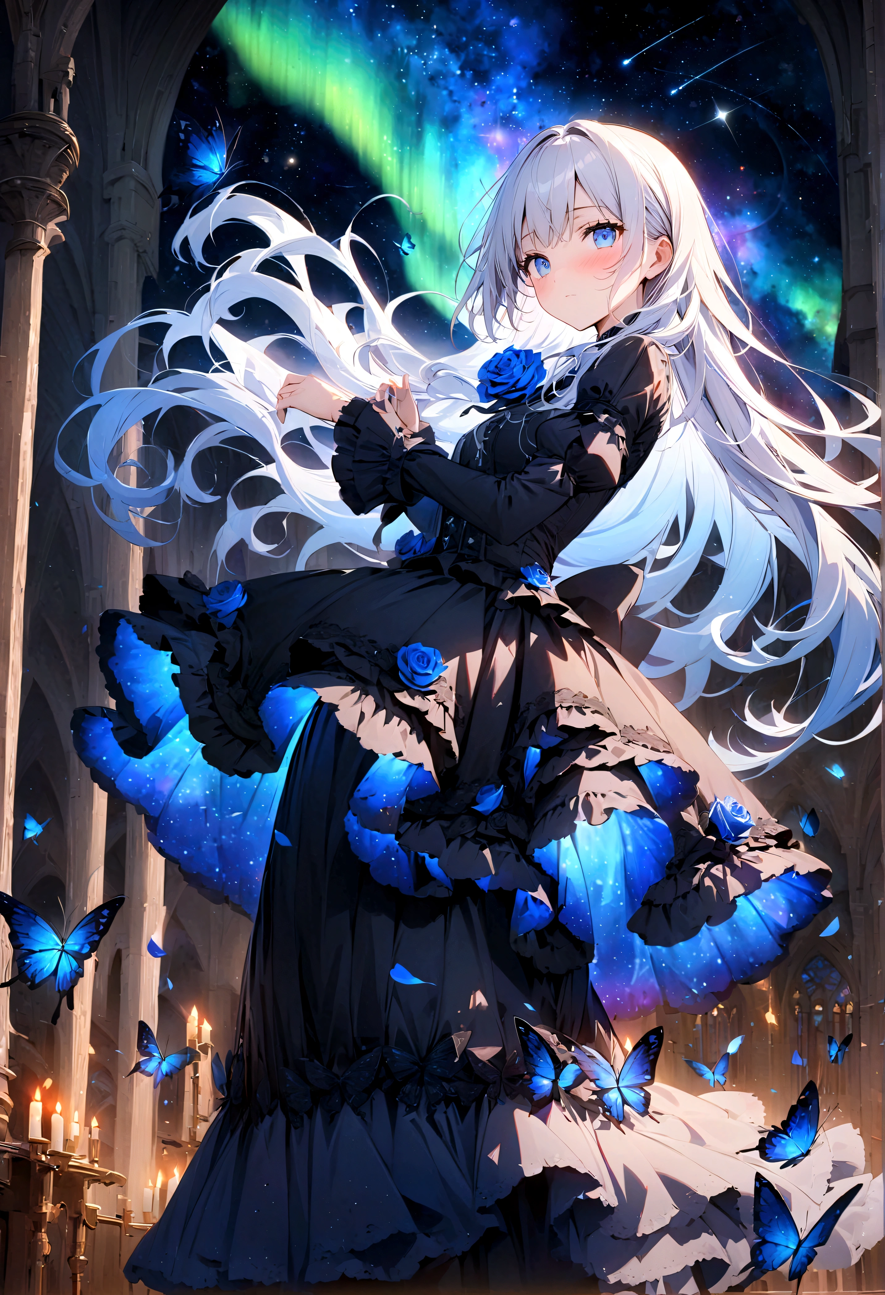 Anime girl in a black dress with blue butterflies flying around her -  SeaArt AI