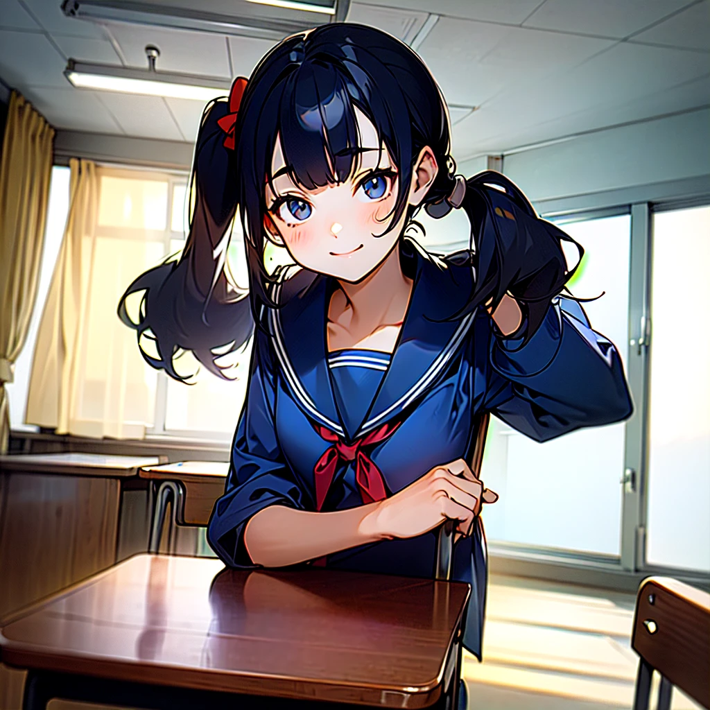 (best quality, masterpiece, high-resolution, detail),
a girl, 15yo, low pigtails, (low twin tails:1.2), black hair,
navy blue , sailor uniform, sitting on the chair,
front,
gentle smile, kyoushitsu, classroom, indoors, school chair, school desk, chalkboard, window, ceiling light, curtains, 