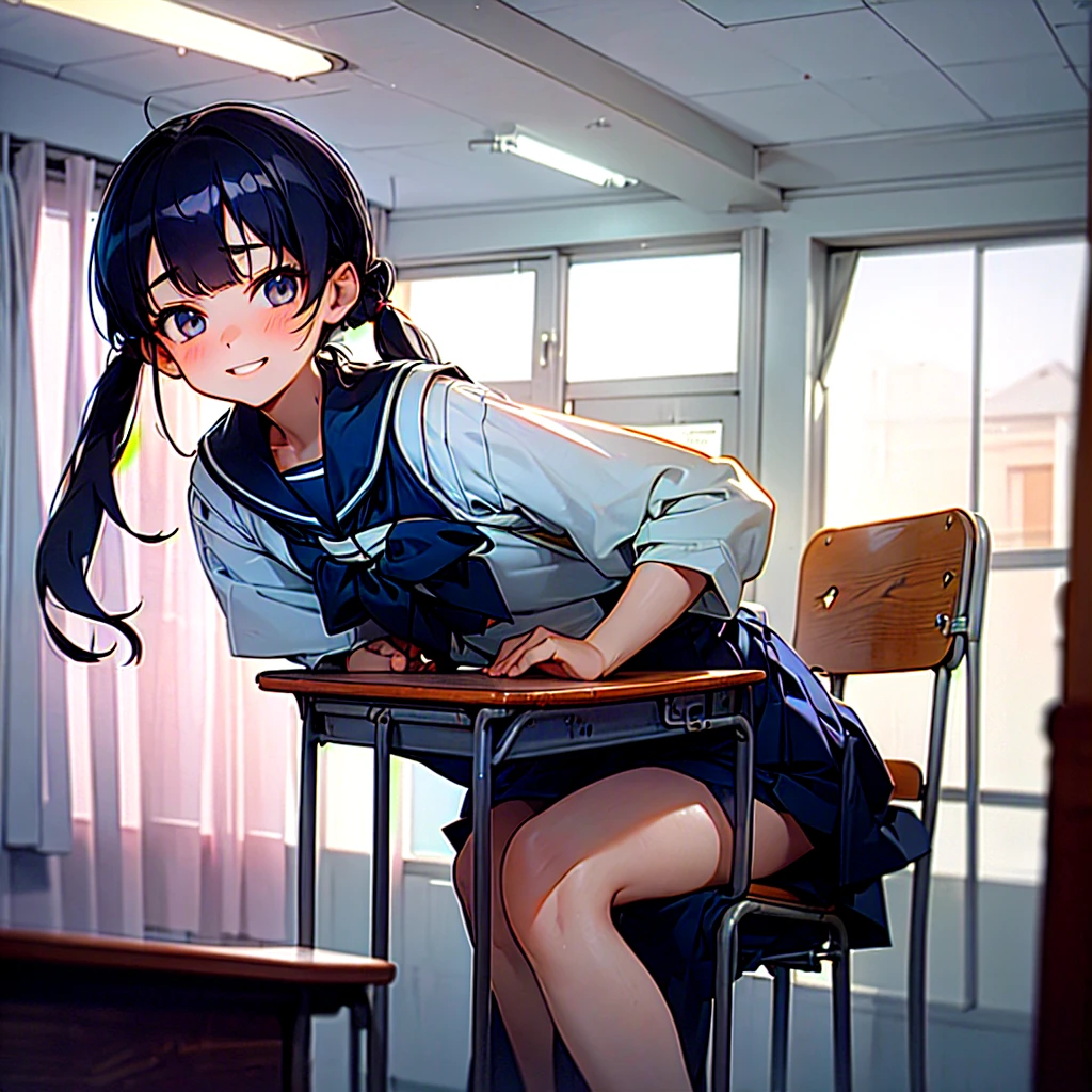 (best quality, masterpiece, high-resolution),
a girl, 15yo,
sitting on chair,
low pigtails, (low twin tails:1.2), black hair,
navy blue , sailor uniform,
kyoushitsu, classroom, indoors, school chair, school desk, chalkboard, window, ceiling light, curtains,
front,
gentle smile
