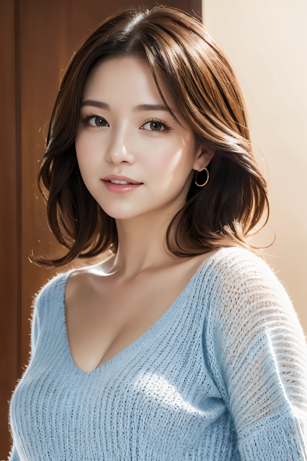 masutepiece, Best Quality, Photorealsitic, finely detail, hight resolution, 8K Painting Wall, Perfect dynamic composition, Beautiful detailed eyes, Chubby adult woman in light V-neck knit, bobhair, Look at viewers