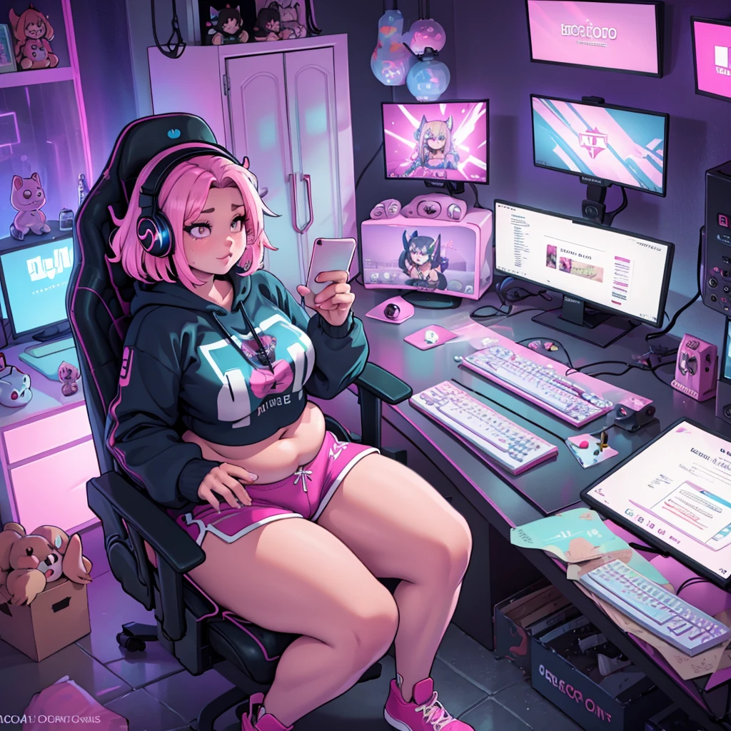 ((highres)), Masterpiece, high quality, best quality, beautiful, solo, female, gamer girl, fat, chubby, belly, thick thighs, crop top hoodie, gym shorts, (thigh highs), sitting, gaming pc, (gaming chair), headset, RGB keyboard, cute pink bedroom, (pastel colors)