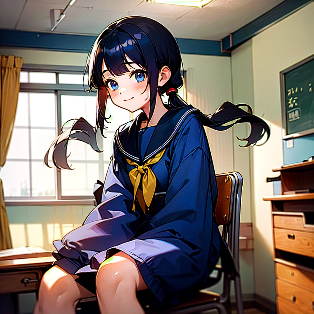 (best quality, masterpiece, high-resolution),
a girl, 15yo,
sitting on chair,
low pigtails, (low twin tails:1.2), black hair,
navy blue , sailor uniform,
kyoushitsu, classroom, indoors, school chair, school desk, chalkboard, window, ceiling light, curtains,
front,
gentle smile, school in Japanese,